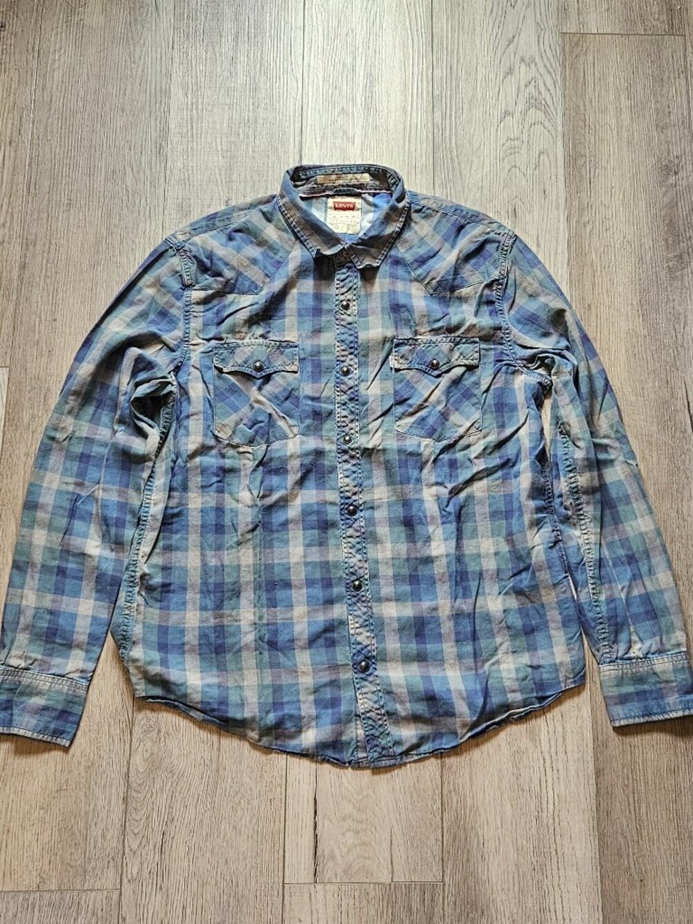 Levi's Modern White Tab Fit Plaid Western Pearl Snap Shirt Blue Green Men's XL